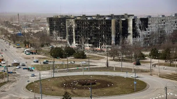 PHOTO: Damage is seen on apartment buildings after shelling from fighting on the outskirts of Mariupol, Ukraine, in territory under control of the separatist government of the Donetsk People's Republic, March 29, 2022.  (Alexei Alexandrov/AP, FILE)