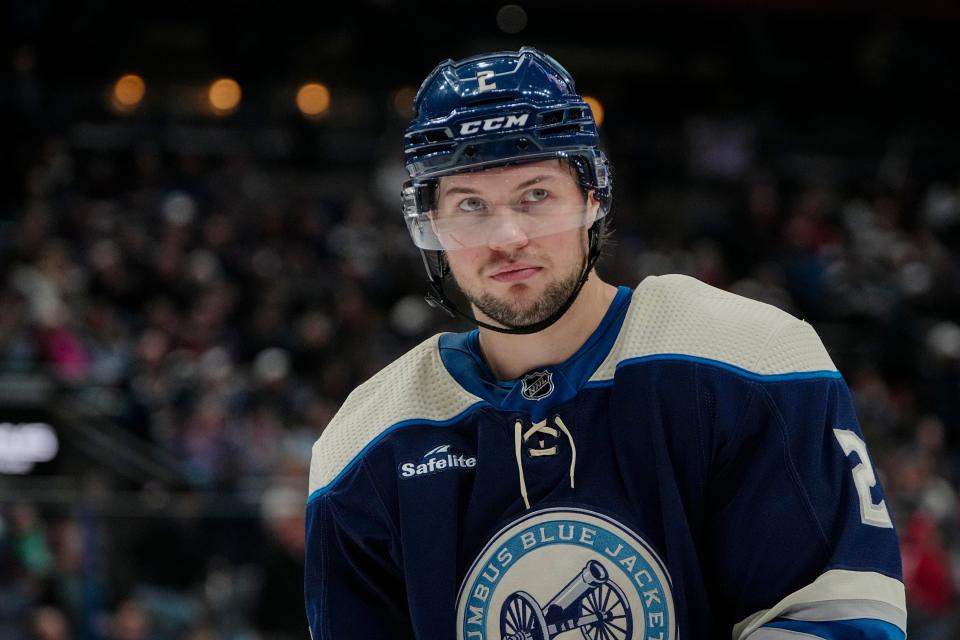 Columbus Blue Jackets defenseman Andrew Peeke (2) skates during the second period of the NHL hockey game against the Florida Panthers at Nationwide Arena on April 1, 2023.