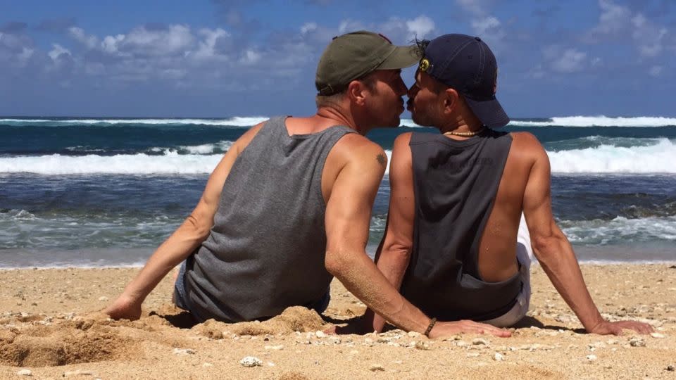 Larry and Guillermo, pictured here in Hawaii, got engaged on an airplane. - Courtesy of Guillermo Barrantes and Larry Mock