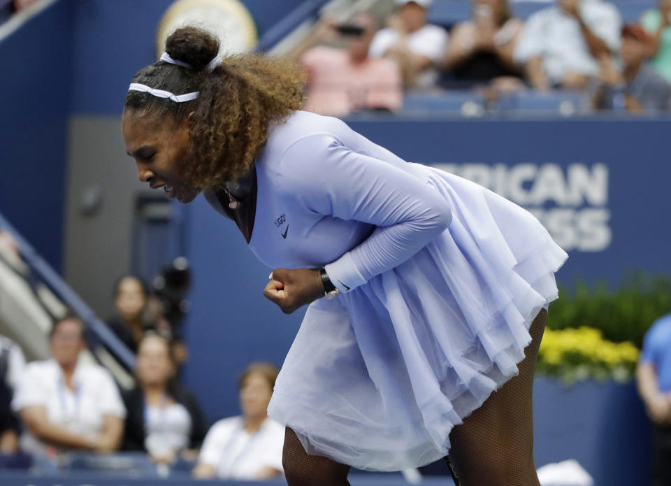 Serena Williams reacts after defeating Kaia Kanepi, of Estonia, during the fourth round of the U.S. Open tennis tournament, Sunday, Sept. 2, 2018, in New York. (AP Photo/Carolyn Kaster)