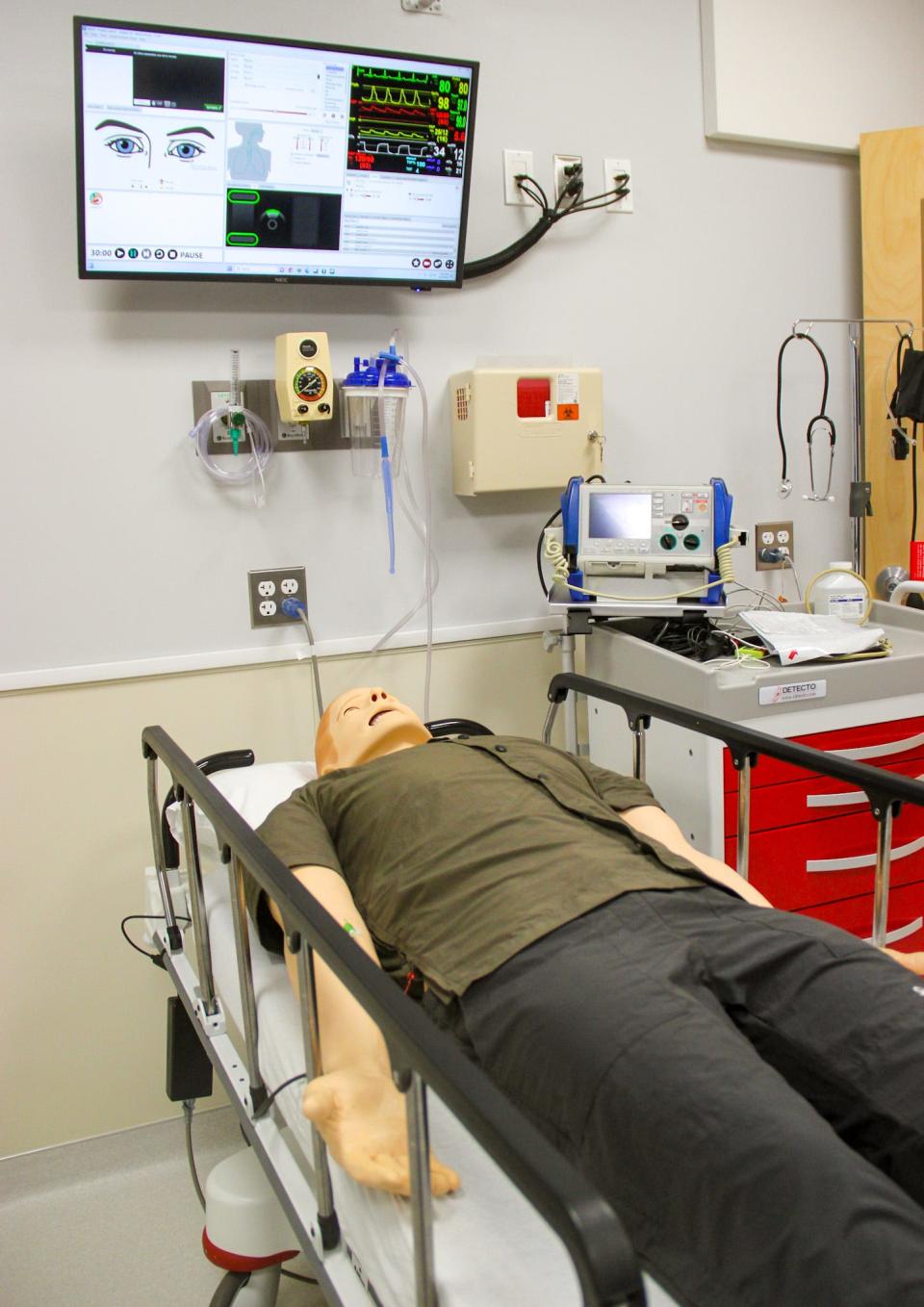 A manikin is set up for medical training at Bioskills of New England, 277 Pleasant St., Fall River. The manikin can simulate crying, bleeding, breathing, sweating, and much more.