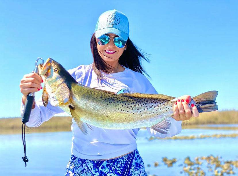 Shelly Griffis, fishing out of Steinhatchee, holds up a giant 28”, true gator trout. Big girl weighed in a whopping 8 pounds.