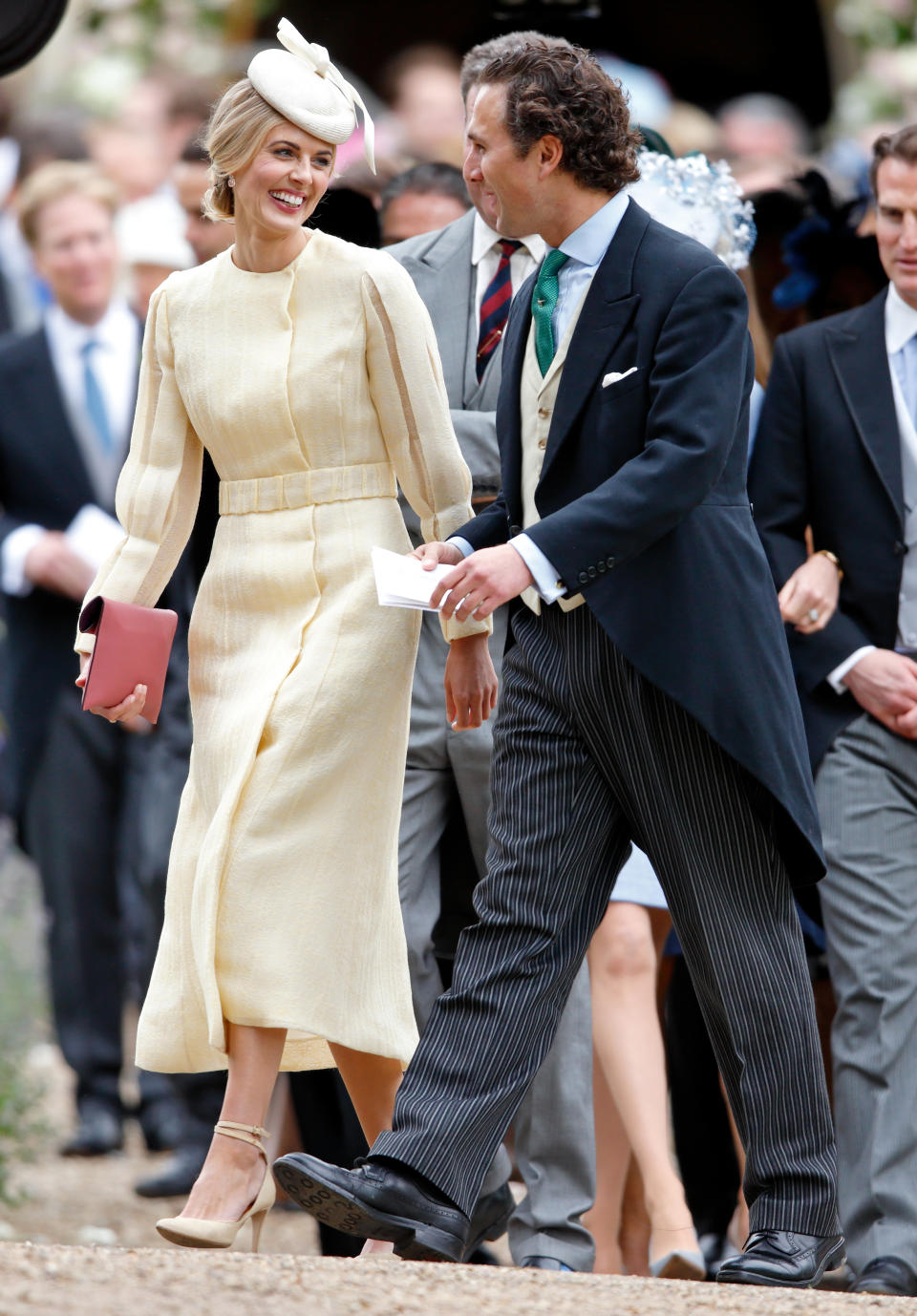 <p>Attending the wedding of Pippa Middleton with her then-boyfriend James Middleton, TV personality Donna Air nailed wedding guest dressing in a pale yellow Emilia Wickstead dress with Aquazzura shoes. <em>[Photo: Getty]</em> </p>