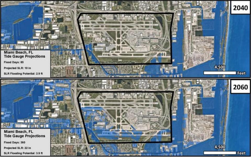 This model of what sea level rise could look like at the Fort Lauderdale-Hollywood International Aiport in the future suggests the airport could see 10 times the amount of flood days by 2040.