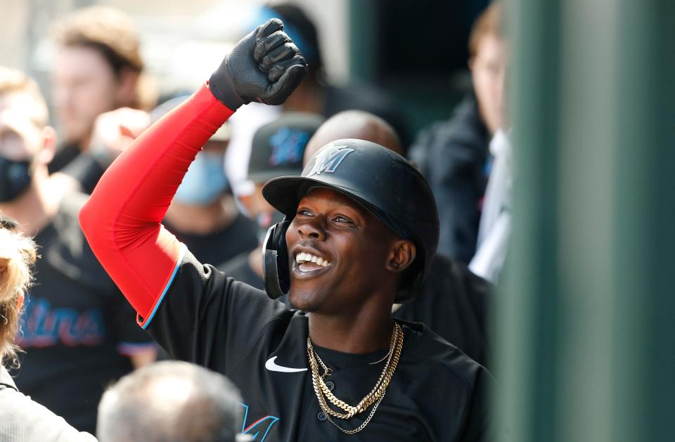 Chisholm celebrates a home run against the Mets.