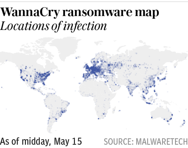 WannaCry ransomware map - locations of infection