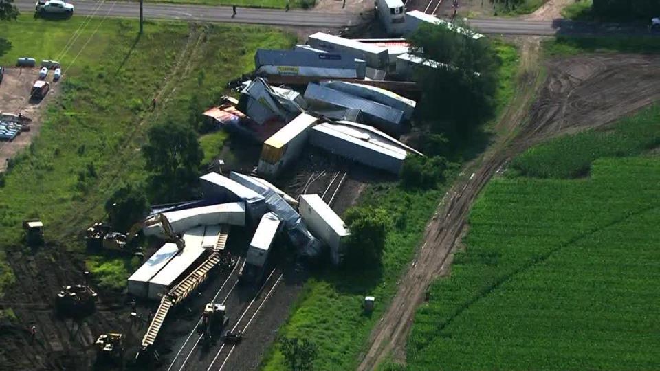 <div>Aerial footage shows the aftermath of the Big Lake train derailment (FOX 9).</div> <strong>(FOX 9)</strong>