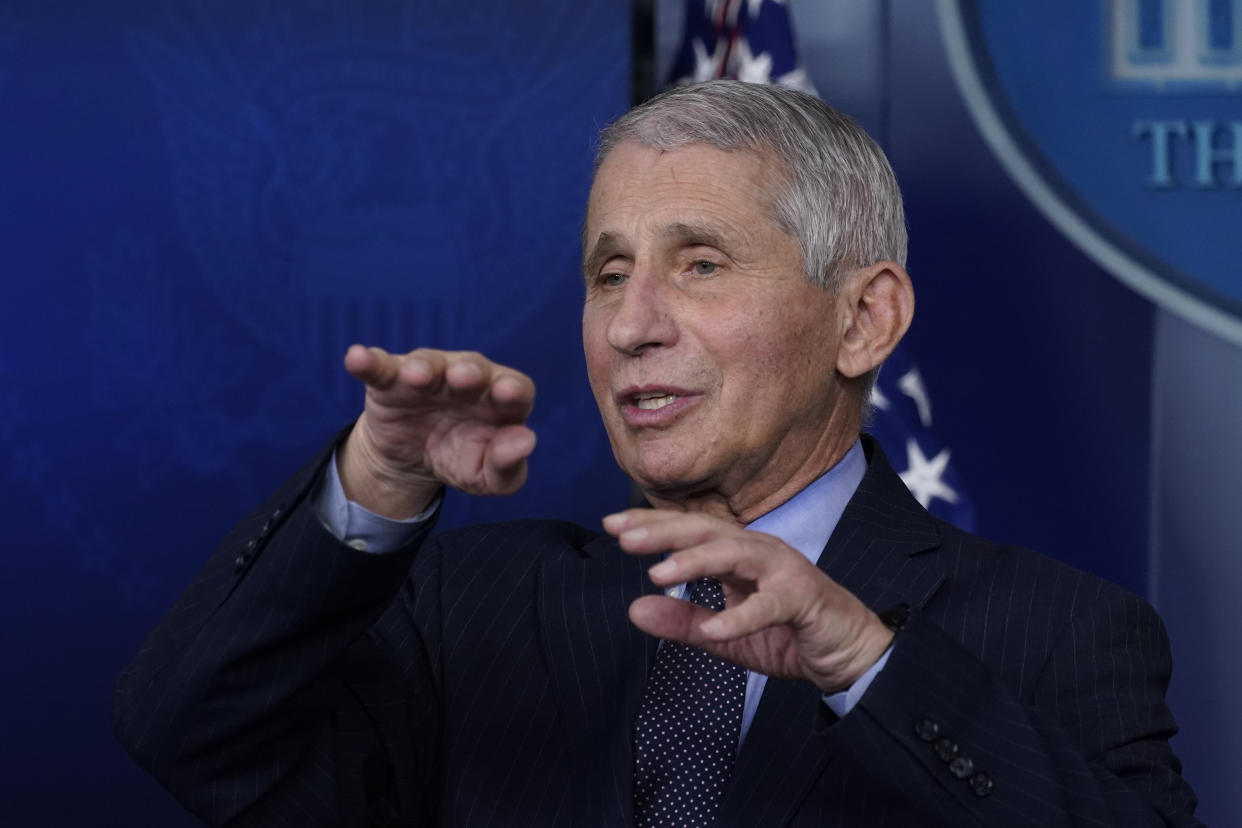 FILE - In this Jan. 21, 2021 file photo, Dr. Anthony Fauci, director of the National Institute of Allergy and Infectious Diseases, speaks with reporters at the White House, in Washington. Fauci won a $1 million award from the Israeli Dan David Foundation for “courageously defending science” during the coronavirus pandemic. On Monday, Feb. 15, 2021, the foundation named Fauci, President Joe Biden's chief medical advisor, as the winner of one of three prizes, saying he had earned it over a lifetime of leadership on HIV research and AIDS relief, as well as his advocacy for the vaccines against COVID-19. (AP Photo/Alex Brandon, File)