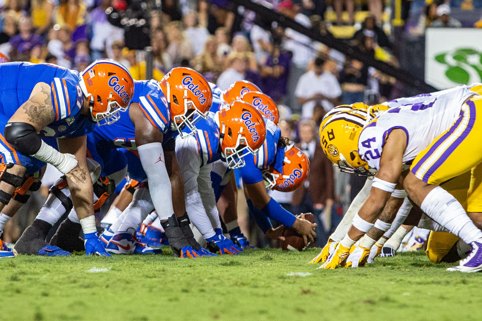 BATON ROUGE, LA - OCTOBER 12: The Florida Gators defense lines up for a play during a game between the Florida Gators and the LSU Tigers at Tiger Stadium, in Baton Rouge, Louisiana on October 12, 2019. (Photo by John Korduner/Icon Sportswire via Getty Images)