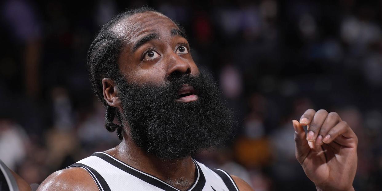 James Harden looks up during a game in 2022.