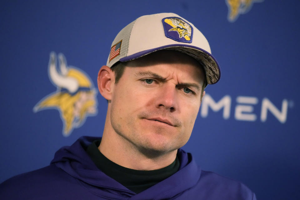 Minnesota Vikings head coach Kevin O'Connell considers a question during a news conference after losing to the Denver Broncos in an NFL football game Sunday, Nov. 19, 2023, in Denver. (AP Photo/David Zalubowski)