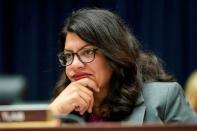 Rep. Rashida Tlaib (D-MI) listens as David Marcus, CEO of Facebook’s Calibra, testifies to the House Financial Services Committee in Washington.