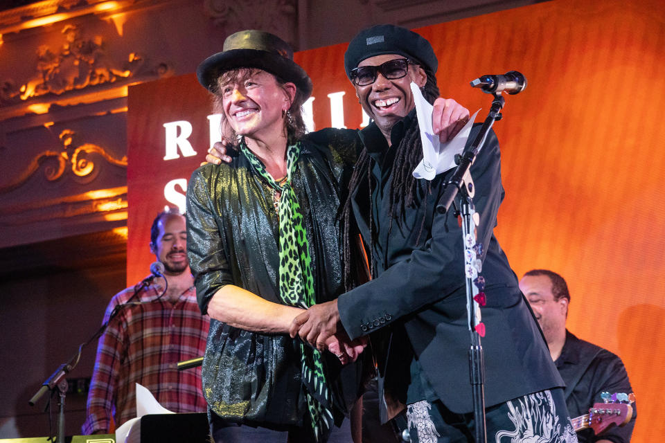 <p>Richie Sambora and Nile Rodgers share a moment during a concert at Bush Hall in London on Sept. 20.</p>