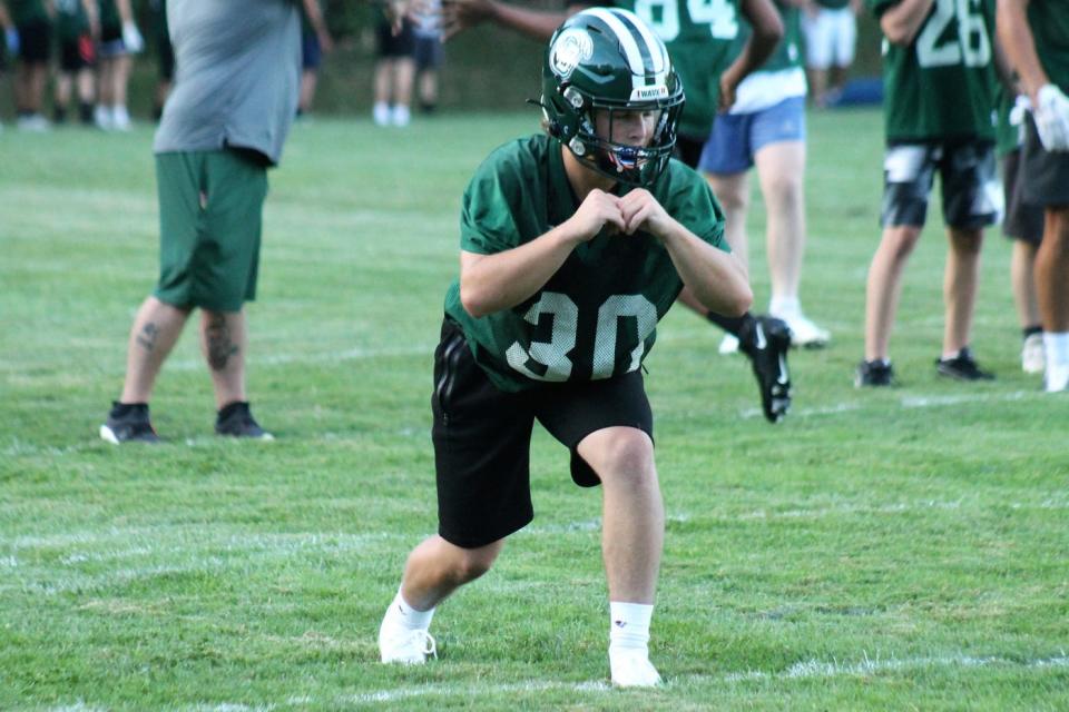 Brett Davis, seen in the first preseason practice Friday, Aug. 12, 2022, is expected to play a key role for the Dover High School football team this season.