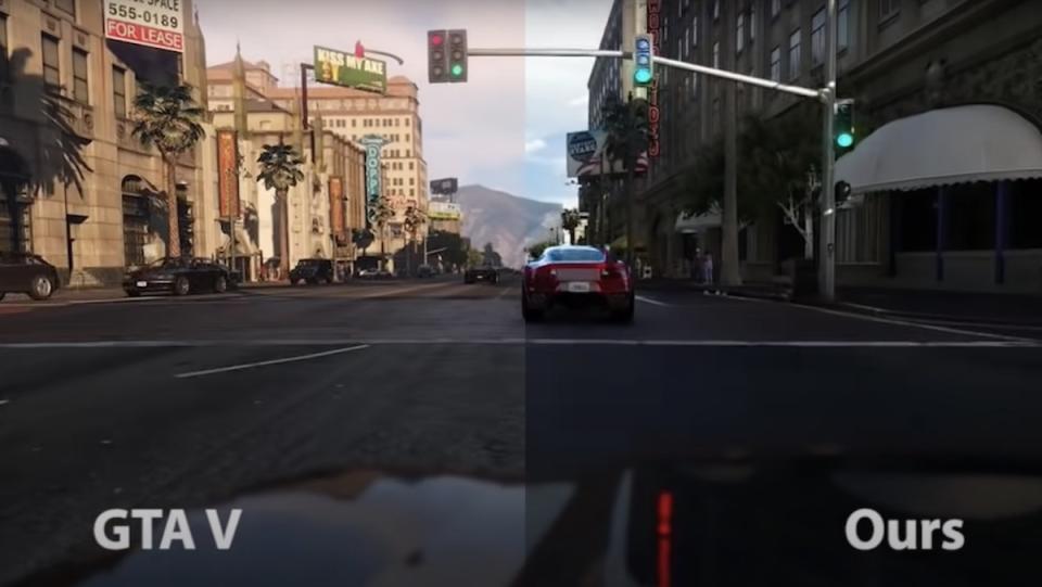 A split screen of Grand Theft Audio V, with actual game footage on the left, and an enhanced realistic image on the right, both showing a city street with mountains in the distance