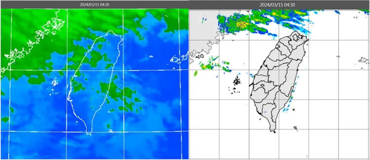 今(15日)晨4：20紅外線色調強化雲圖顯示，台灣上空的中層雲結構鬆散(左圖)。4：30雷達回波合成圖亦顯示，台灣上空無降水回波(右圖)。取自氣象應用推廣基金會