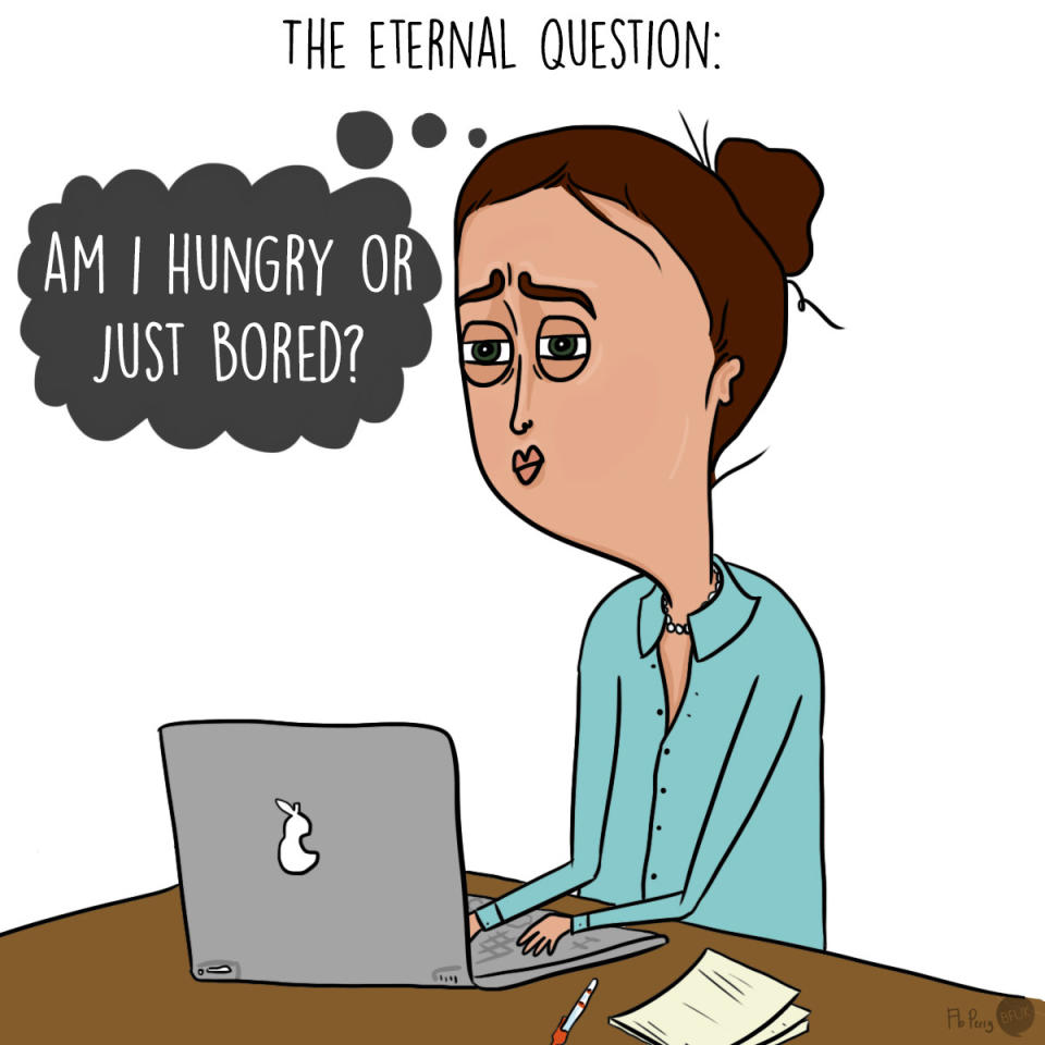 Cartoon of a woman asking, "Am I hungry or just bored?"