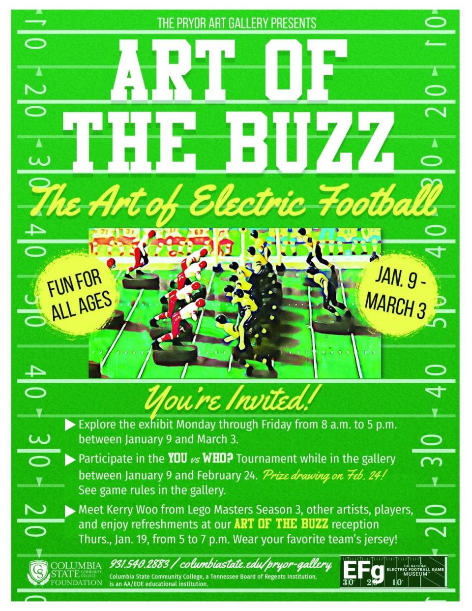 Columbia State Community College's Pryor Art Gallery's latest exhibition, "Art of The Buzz: The Art of Electric Football" pays tribute to those vintage sports toys of yesteryear, and will run through March 3.