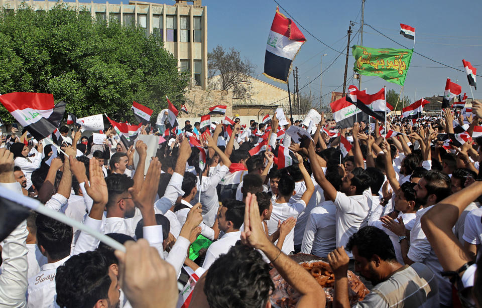 Students take part in anti-government protests in Basra, Iraq, Monday, Oct. 28, 2019. Protests have resumed in Iraq after a wave of protests earlier this month were violently put down. (AP Photo/Nabil al-Jurani)