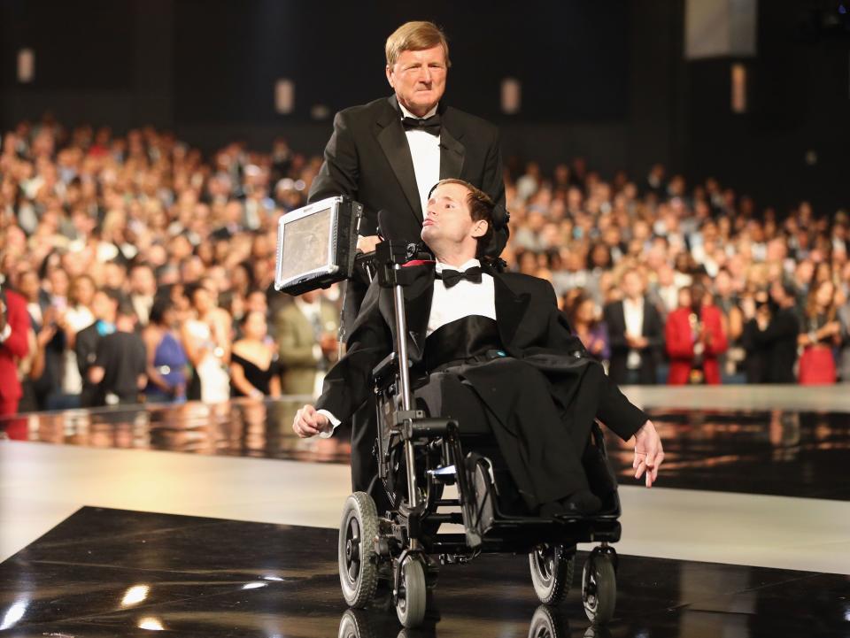 LOS ANGELES, CA - JULY 17:  Jimmy V award recipients Dick Hoyt and son Rick Hoyt accepting an award onstage at The 2013 ESPY Awards at Nokia Theatre L.A. Live on July 17, 2013 in Los Angeles, California.  (Photo by Christopher Polk/Getty Images for ESPY)