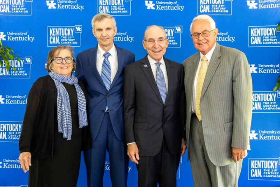 The University of Kentucky announced a $100 million donation from the Bill Gatton Foundation to the College of Agriculture, Food and Environment on Thursday. From left to right: Nancy Cox, UK vice president for land-grant engagement, Bill Gatton Foundation Trustee Danny Dunn, UK President Eli Capilouto and Mike Richey, former UK vice president for philanthrophy and alumni engagement.