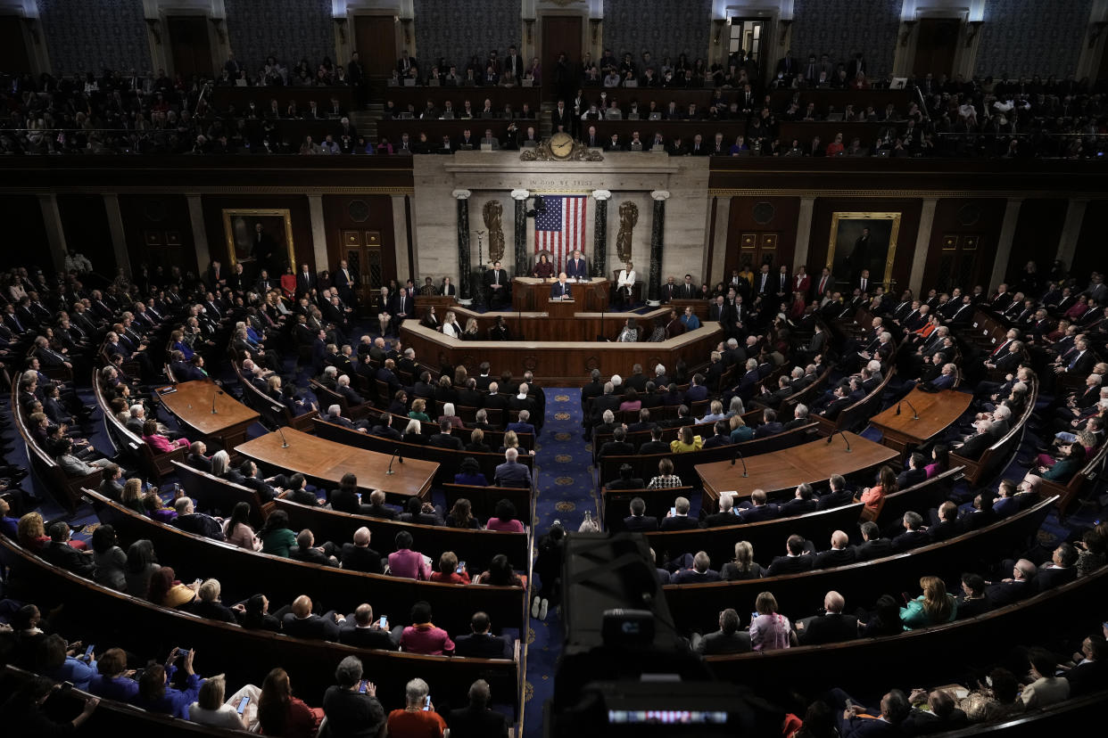 President Biden delivering his State of the Union address to a joint meeting of Congress in the House Chamber of the U.S. Capitol.