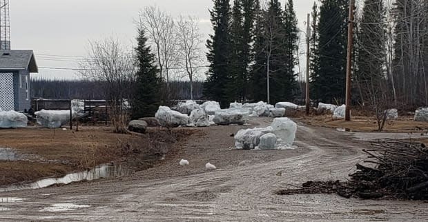 There were chunks of ice in the community of Jean Marie River after flood waters receded, said Paul Simon. His parents live in the community and he's been visiting them.