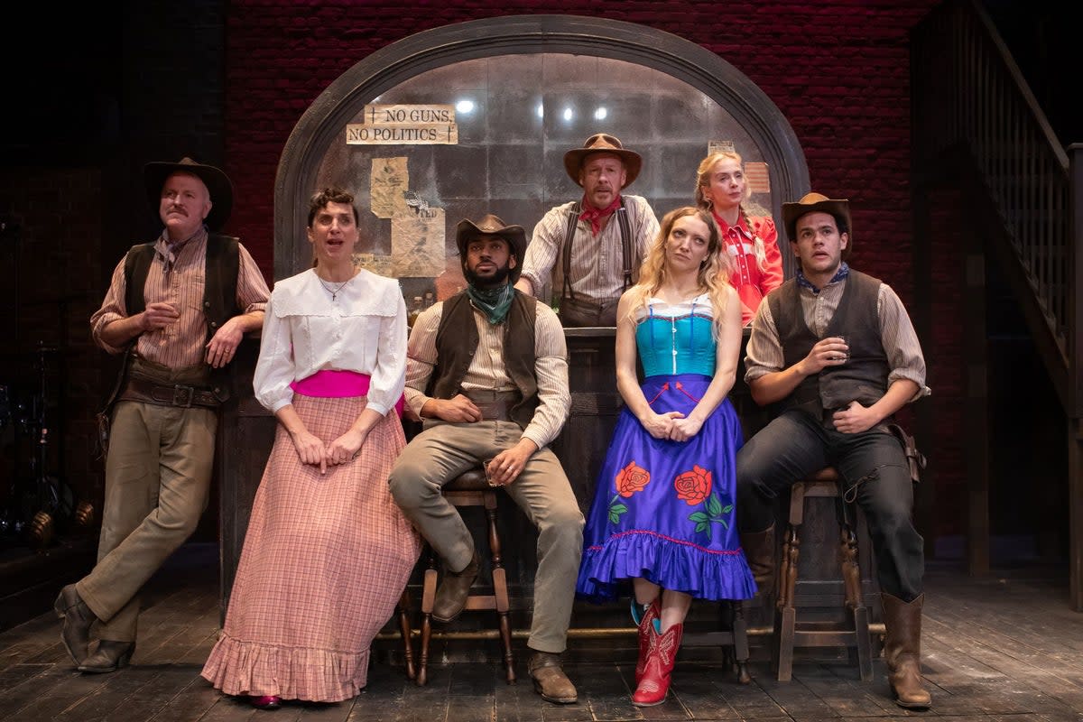 From left, Colm Gormley, Emma Pallant, Michael Elcock, Shaun Dingwall, Lucy McCormick, Sophie Melville and Julian Moore-Cook in Cowbois (Ali Wright)