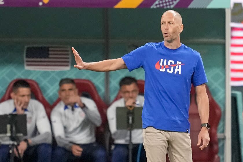 head coach Gregg Berhalter of the United States gestures during the World Cup round of 16 soccer match between the Netherlands and the United States, at the Khalifa International Stadium in Doha, Qatar, Saturday, Dec. 3, 2022. (AP Photo/Ebrahim Noroozi)