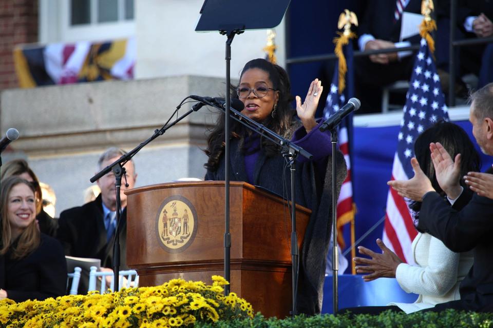 Oprah Winfrey delivers remarks during the Inauguration of Maryland Governor Wes Moore and Lt. Governor Aruna Miller at Maryland State House on January 18, 2023 in Annapolis, Maryland.