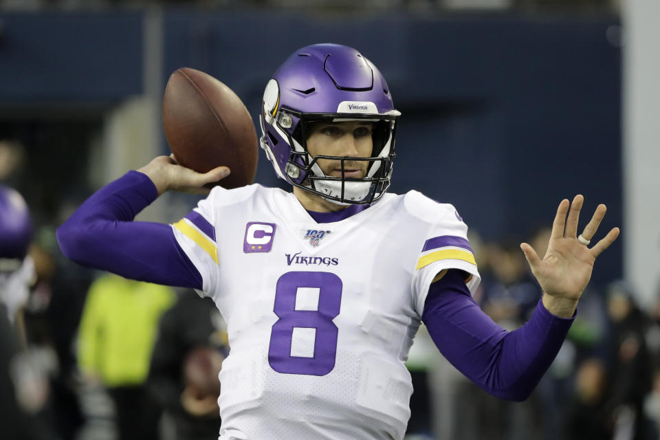 Minnesota Vikings quarterback Kirk Cousins warms up before an NFL football game against the Seattle Seahawks, Monday, Dec. 2, 2019, in Seattle. (AP Photo/Ted S. Warren)