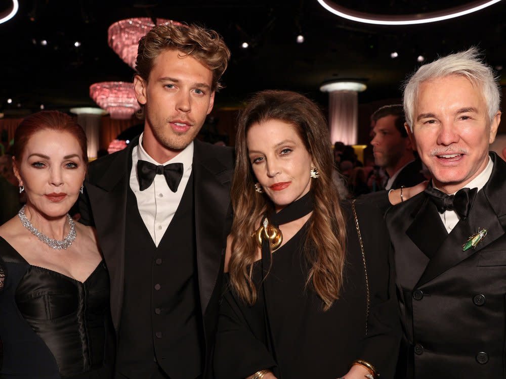 Priscilla Presley, Austin Butler, Lisa Marie Presley und Baz Luhrmann (v.l.) bei den Golden Globe Awards am 10. Januar. (Bild: imago/Picturelux)