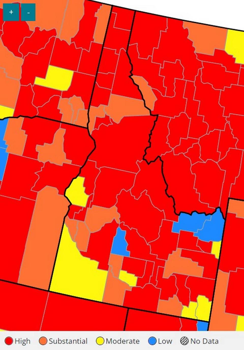 This map shows the current community transmission levels in Idaho, which are based on a 7-day average. Centers for Disease Control and Prevention