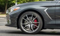 <p>Despite wearing just Pilot Sport 4 tires, this sedan stopped and steered as satisfyingly as other G70s. We recorded 0.91 g of lateral grip and a 161-foot stop from 70 mph, figures very close to those of the six-cylinder G70 3.3T we tested last year.</p>