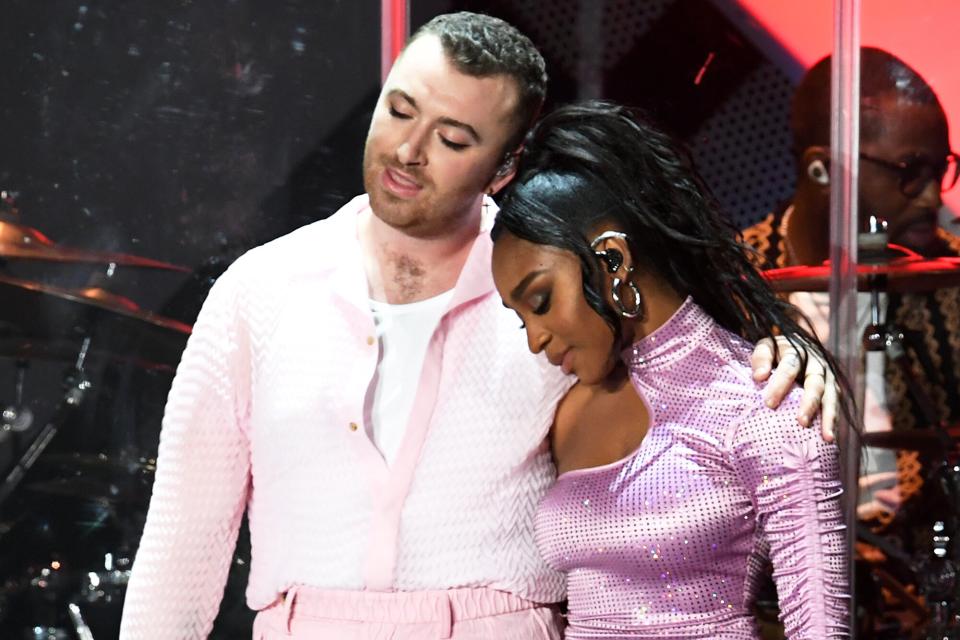 Sam Smith and Normani perform onstage during 102.7 KIIS FM's Jingle Ball 2019 Presented by Capital One at the Forum on December 6, 2019 in Los Angeles, California.