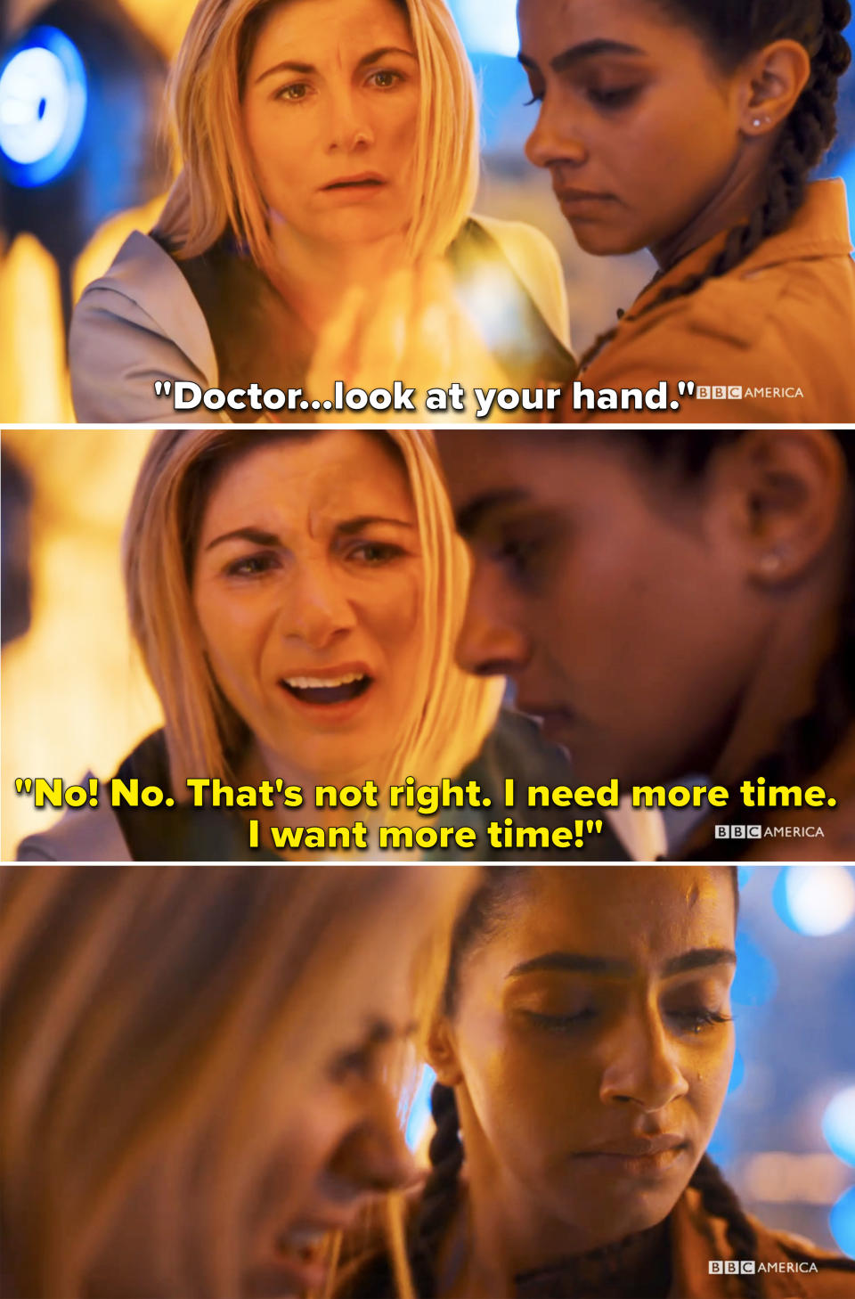 The Thirteenth Doctor being told to look at her arm, and then responding that that's not right and she needs more time