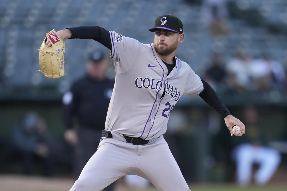 Colorado Rockies pitcher Austin Gomber works against the Oakland Athletics during the first inning of a baseball game in Oakland, Calif., Wednesday, May 22, 2024. (AP Photo/Jeff Chiu)