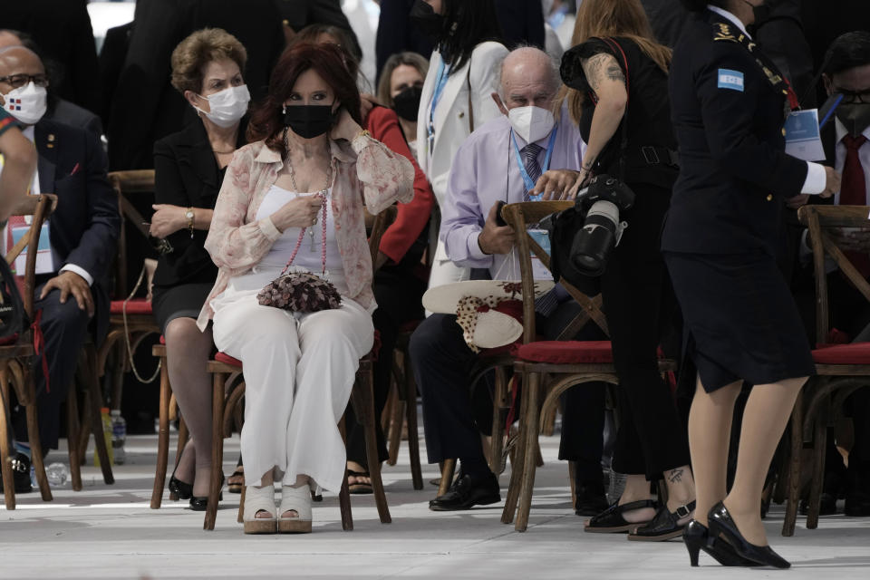 Argentina's Vice President Cristina Fernandez, a former president and first lady, waits for the inauguration of Honduras' first female President Xiomara Castro at the National stadium in Tegucigalpa, Honduras, Thursday, Jan. 27, 2022. (AP Photo/Moises Castillo)