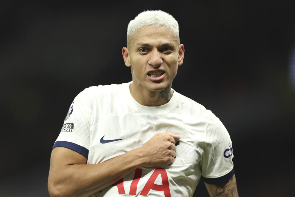 Tottenham's Richarlison celebrates after scoring his side's second goal during the English Premier League soccer match between Tottenham Hotspur and Newcastle United, at the Tottenham Hotspur Stadium, London, England, Sunday, Dec.10, 2023. (AP Photo/Ian Walton)