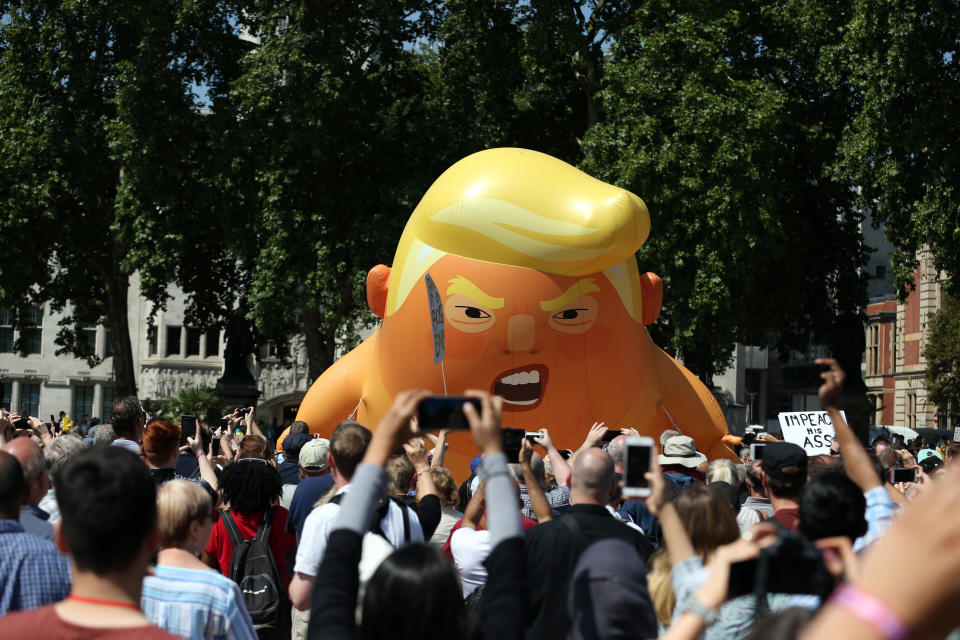 The cartoon baby blimp of President Donald Trump was flown as a protest against his visit to London in July 2018.  (ASSOCIATED PRESS)