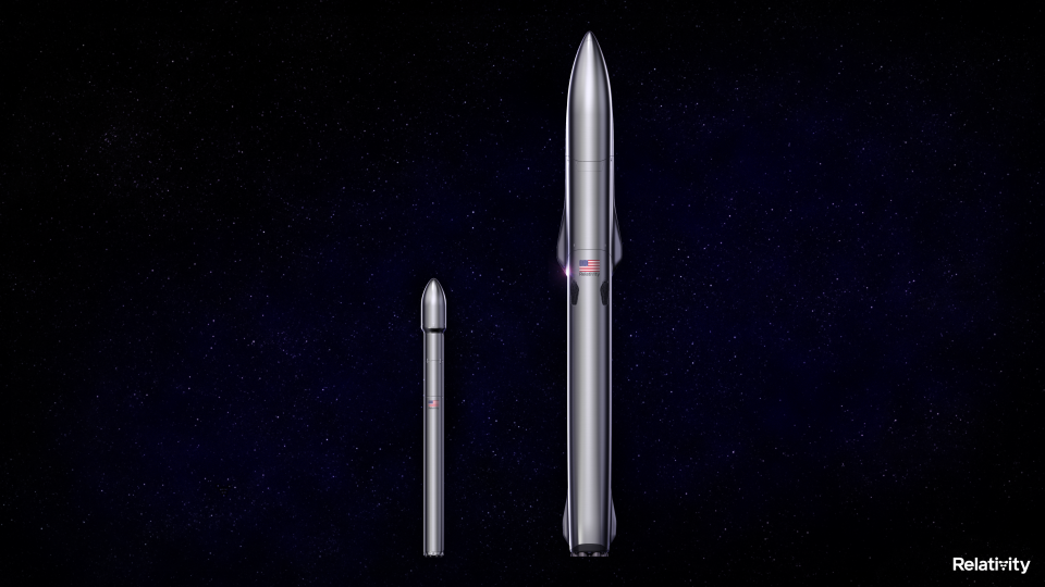 Relativity Space's Terran R vehicle, at right, is seen compared to the Terran 1 rocket that's slated to launch before the end of 2022.