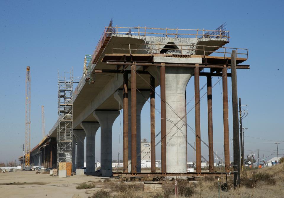 An elevated section of the high-speed rail under construction in Fresno, California.