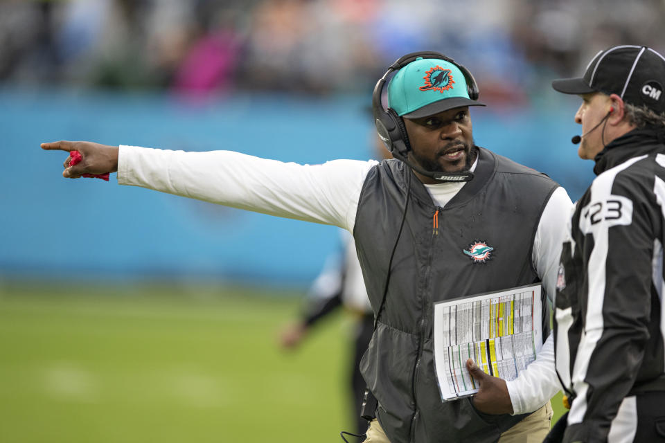 Brian Flores is fed up with the NFL's terrible track record in hiring Black coaches and personnel. So he's taking a brave stand against it. (Photo by Wesley Hitt/Getty Images)