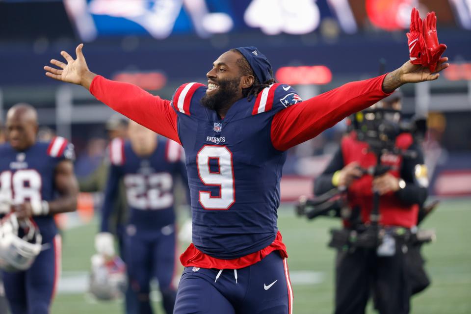 Linebacker Matthew Judon celebrates Sunday at Gillette Stadium after the Patriots defeated the Browns.