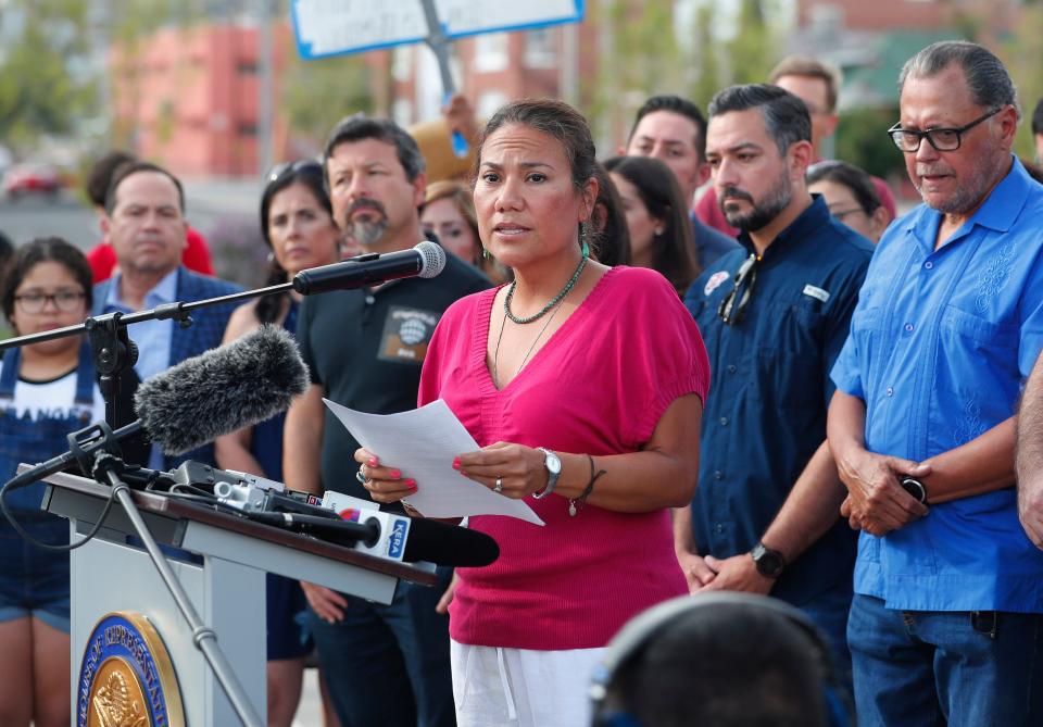 Rep. Veronica Escobar, D-El Paso, speaks to the media on Aug. 4 before a march at Houston Park in El Paso.