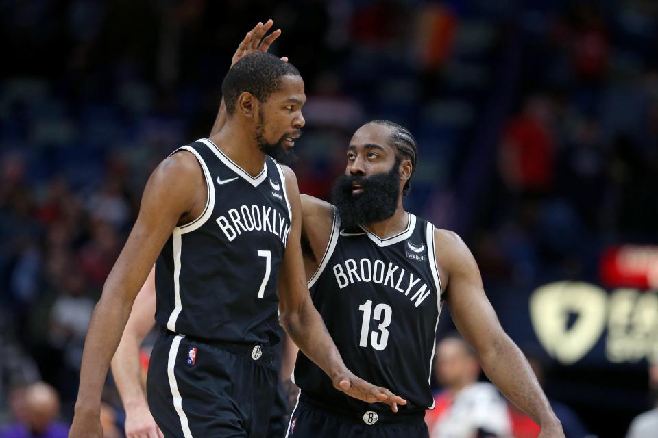 James Harden (13) requested and was granted a trade earlier in the season from the Nets. Now Kevin Durant is requesting to be traded.