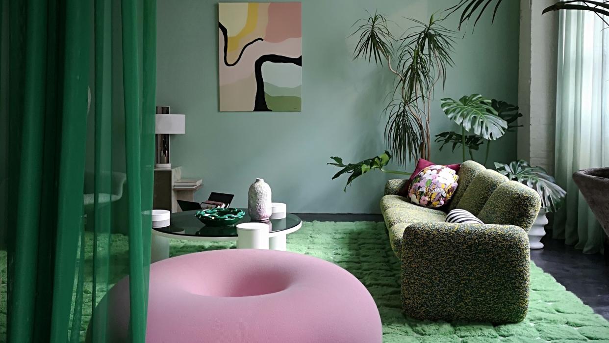  A neon green and pink living room. 
