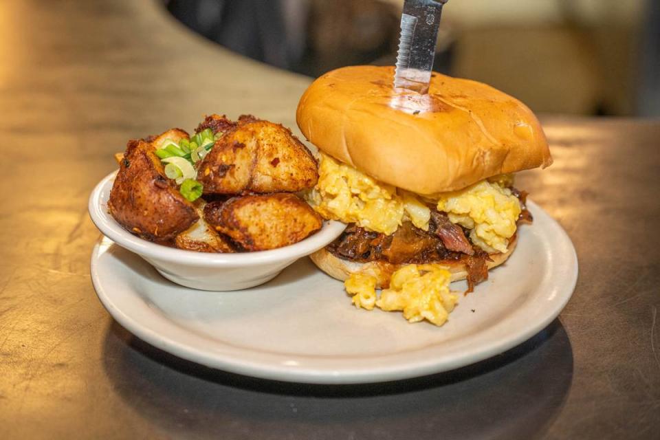 Mert’s Heart and Soul Mac Rib sandwich is a beef short rib topped with macaroni and cheese on top. Alex Cason/CharlotteFive