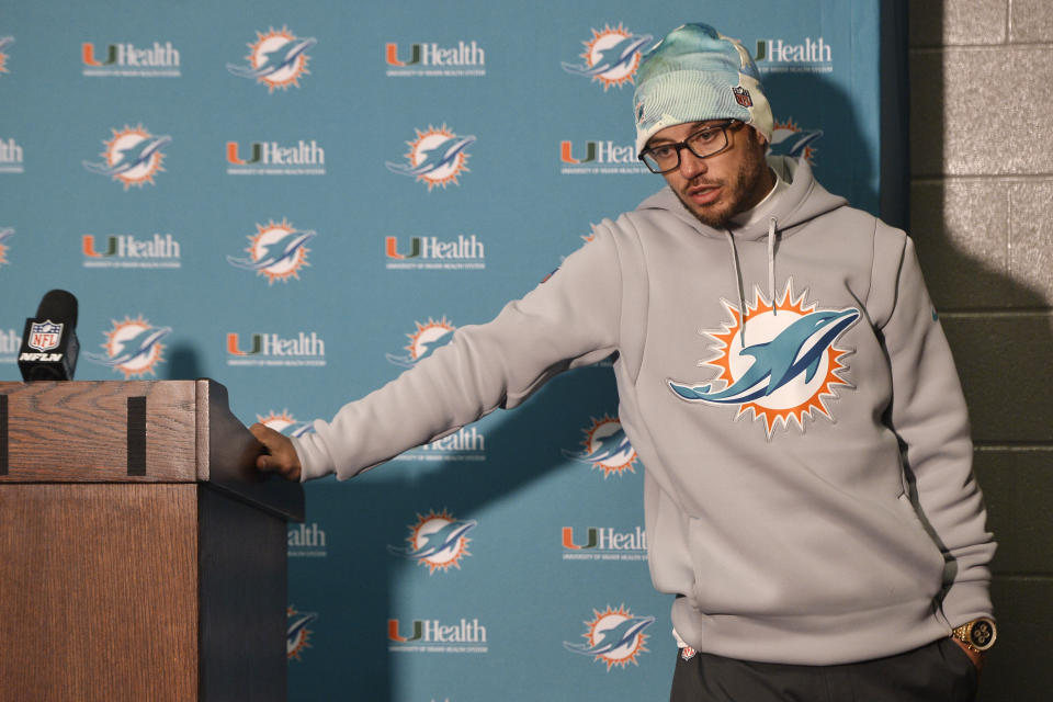 Miami Dolphins head coach Mike McDaniel talks to reporters after an NFL wild-card playoff football game against the Buffalo Bills, Sunday, Jan. 15, 2023, in Orchard Park, N.Y. (AP Photo/Adrian Kraus)