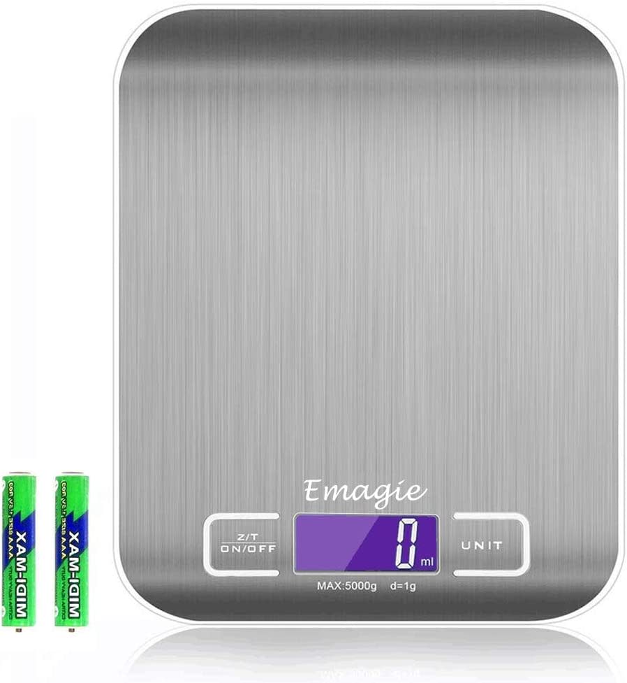 Báscula Digital de Cocina Bascula de Comida Alimentos Multifunción 11lb 5kg Plata Acero Inoxidable - Baterías Incluidas/Amazon.com.mx